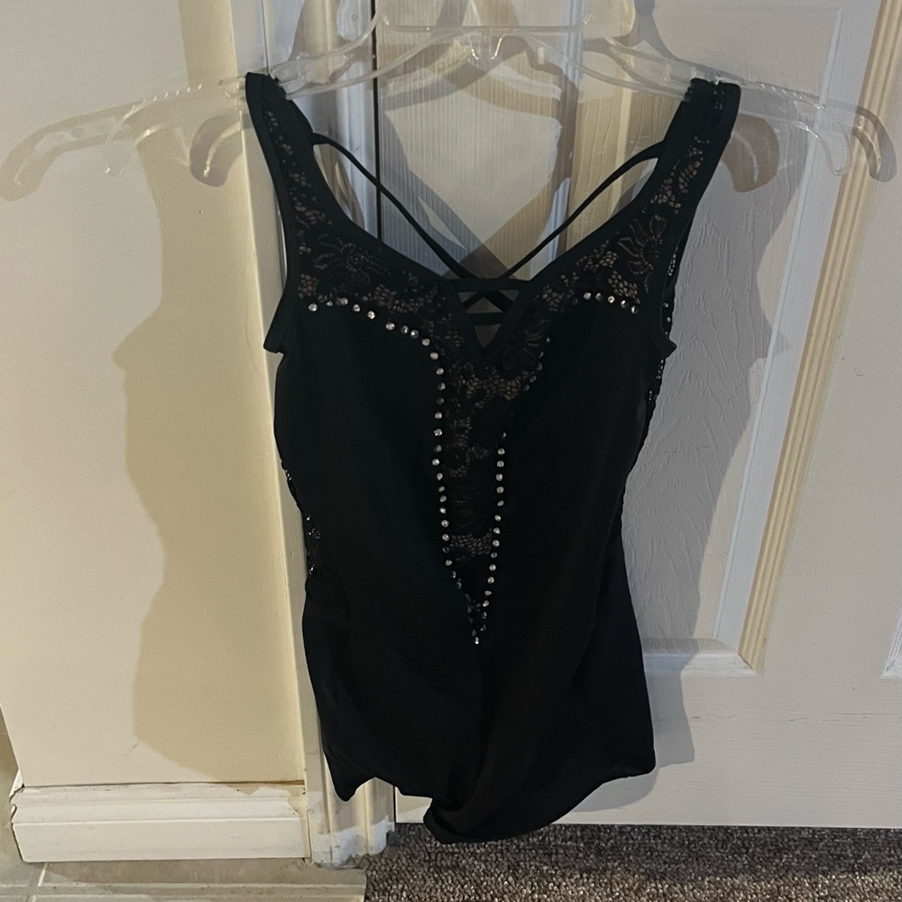 Black Sleeveless Dance Costume Bodysuit Leotard One Piece with Studded Detail
